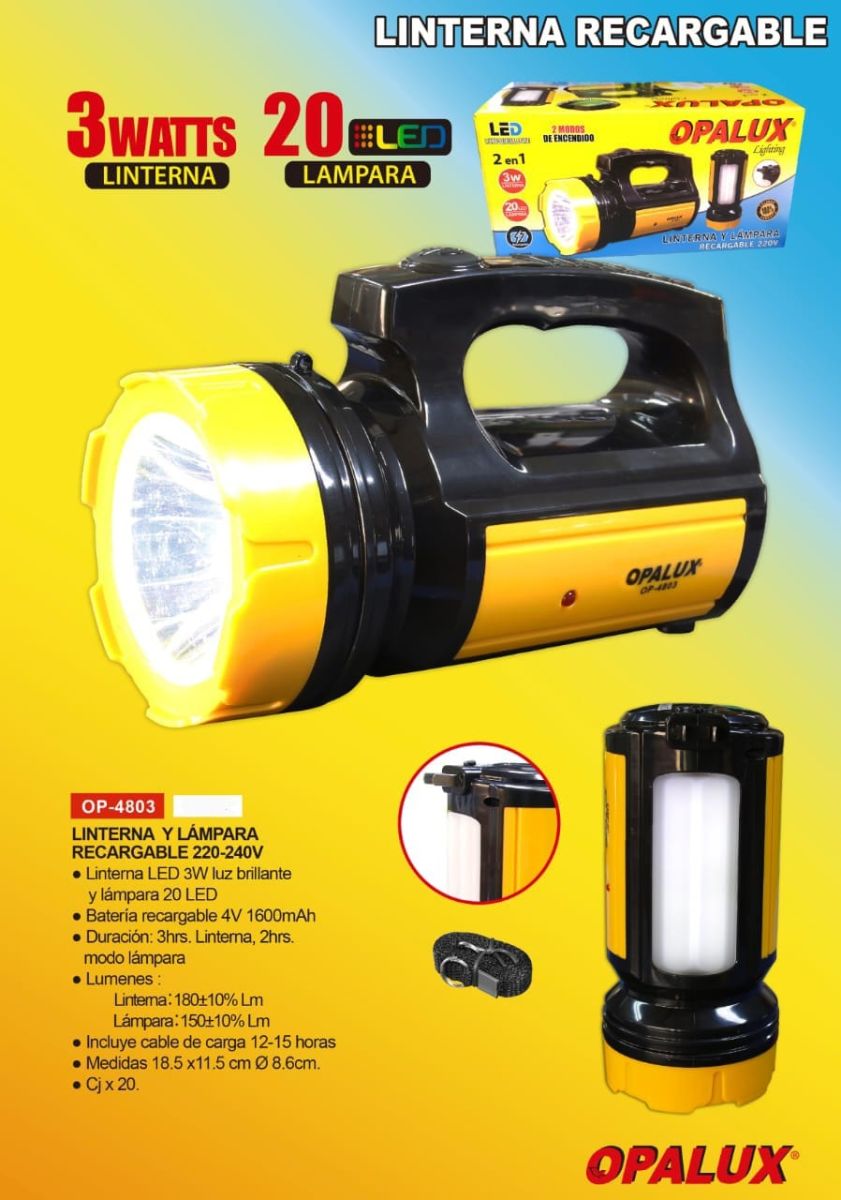 LINTERNA Y LAMPARA LED 3W+20LED RECARGABLE OP-4803
