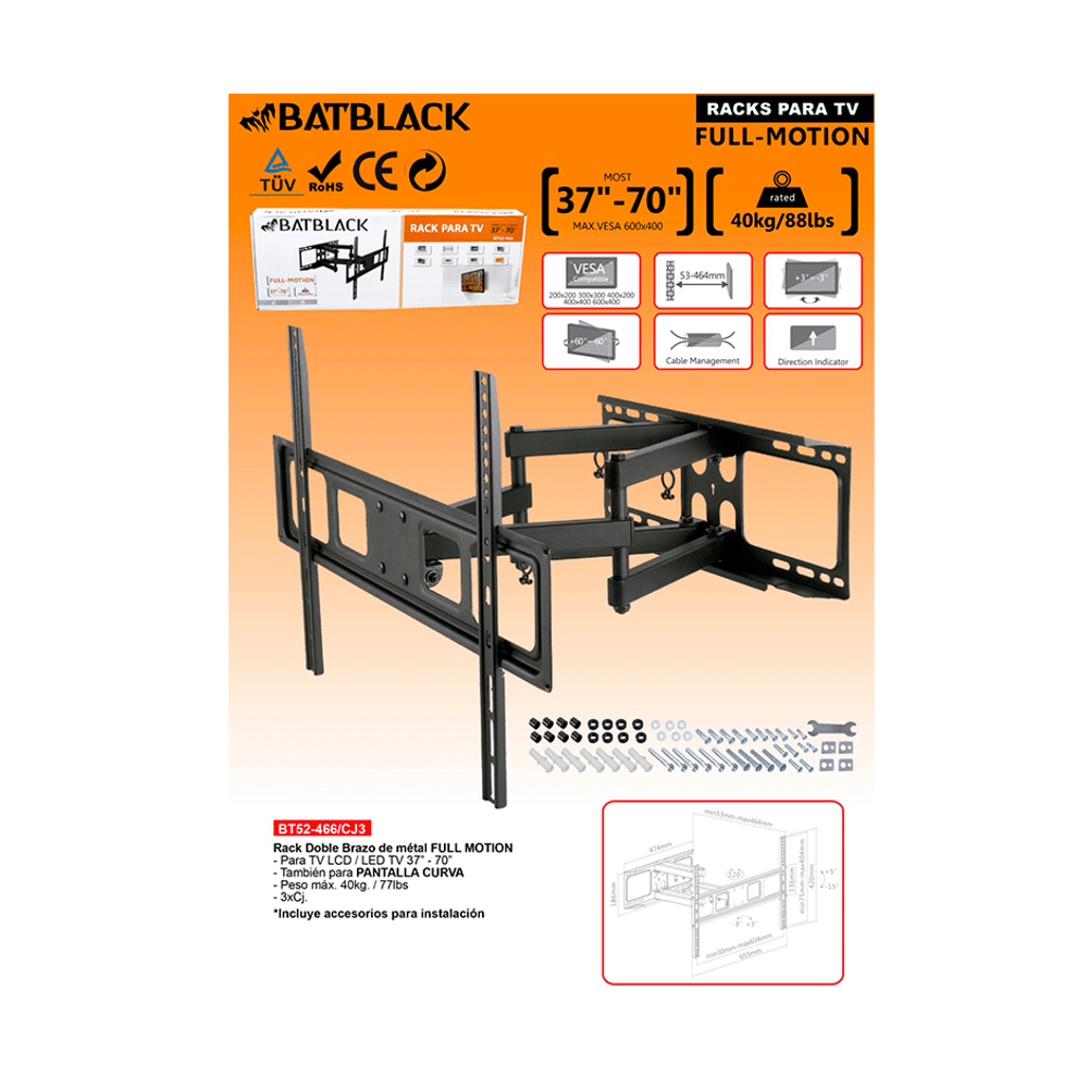 RACK P/TV 37-70 BATBLACK FIJO HASTA 35KG OPALUX