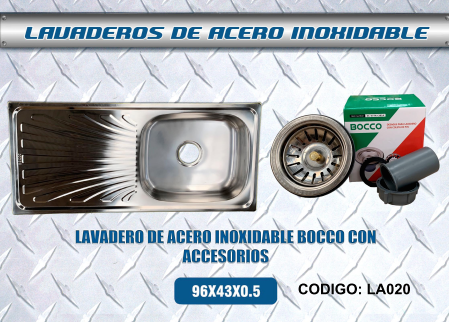 LAVADERO ACERO INOX 1POZA 96X43 BOCCO+DSG