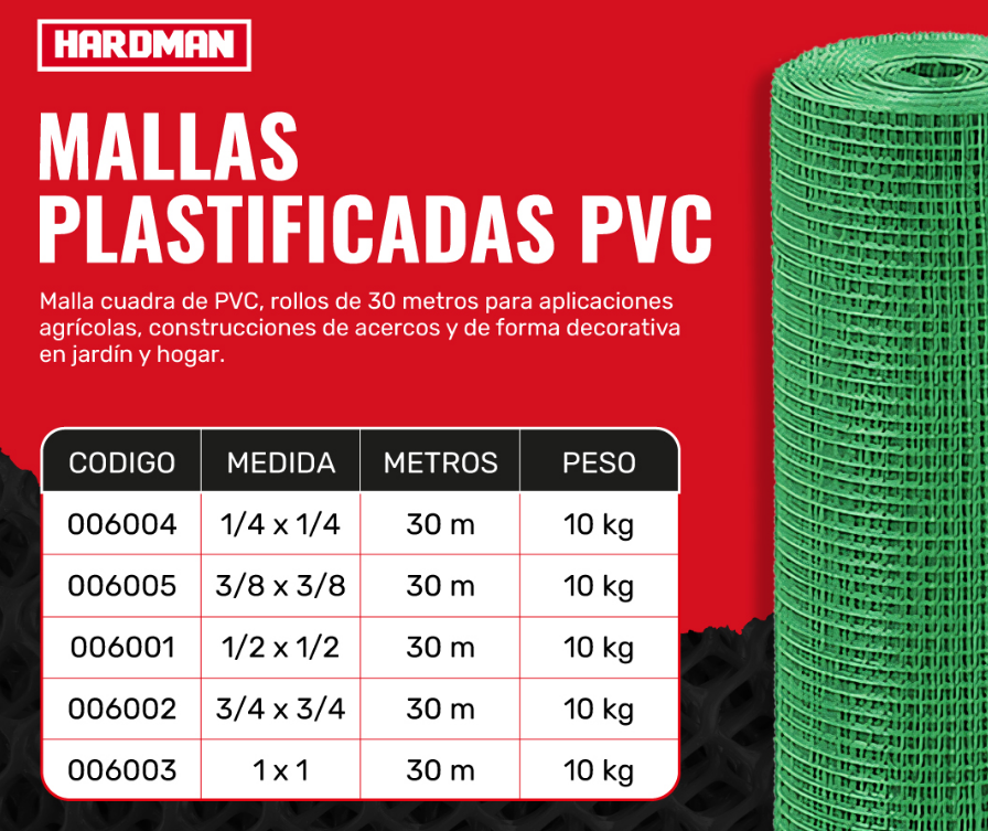 MALLA CUADRADA CUBIERTA VERDE PVC 1X1-10KGS HARDMAN
