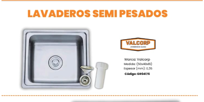 LAVADERO ACERADO SEMI PESADO S/ESCURRIDOR 50X40 VALCORP
